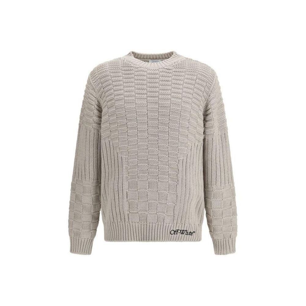 Off-White Cotton Sweatshirt with Ribbed Cuffs and Hem Men Beige Sweaters